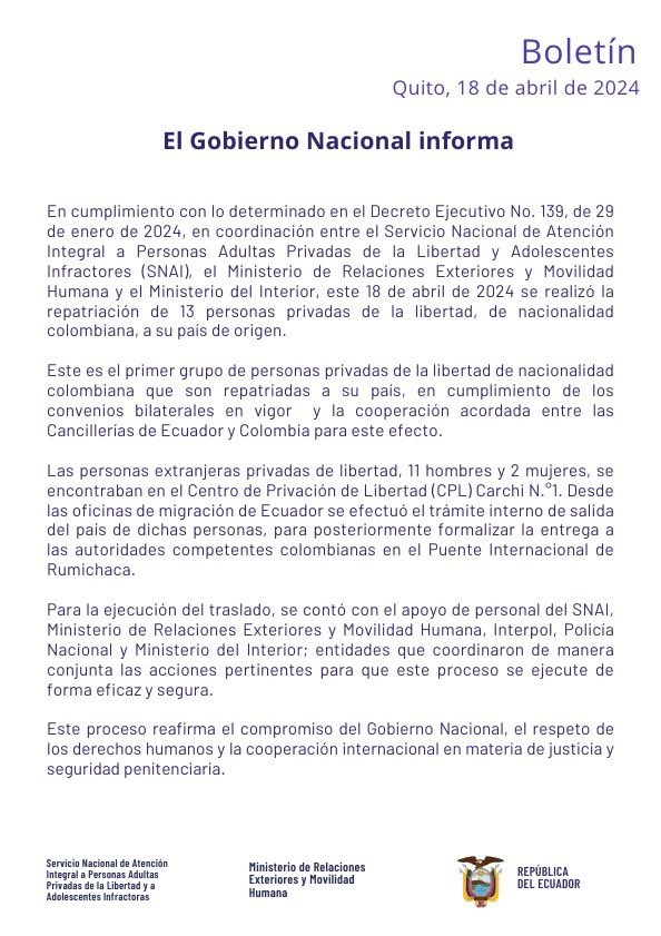 #ATENCIÓN | El gobierno ecuatoriano informa que repatrió hoy a 13 colombianos, 11 hombres y 2 mujeres, que se encontraban en la cárcel Carchi N.°1. @ztatianarh @CaracolRadio