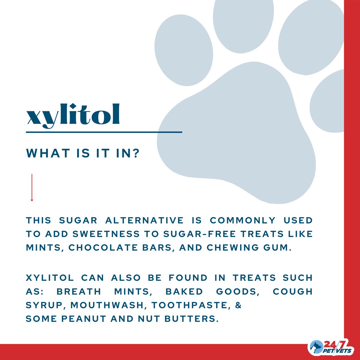 Know the risks of Xylitol, a sugar substitute that can be harmful to pets. Keep these items out of reach, and keep your furry friends safe! 🐾🚨 #PetSafety #PoisonPreventionAwareness