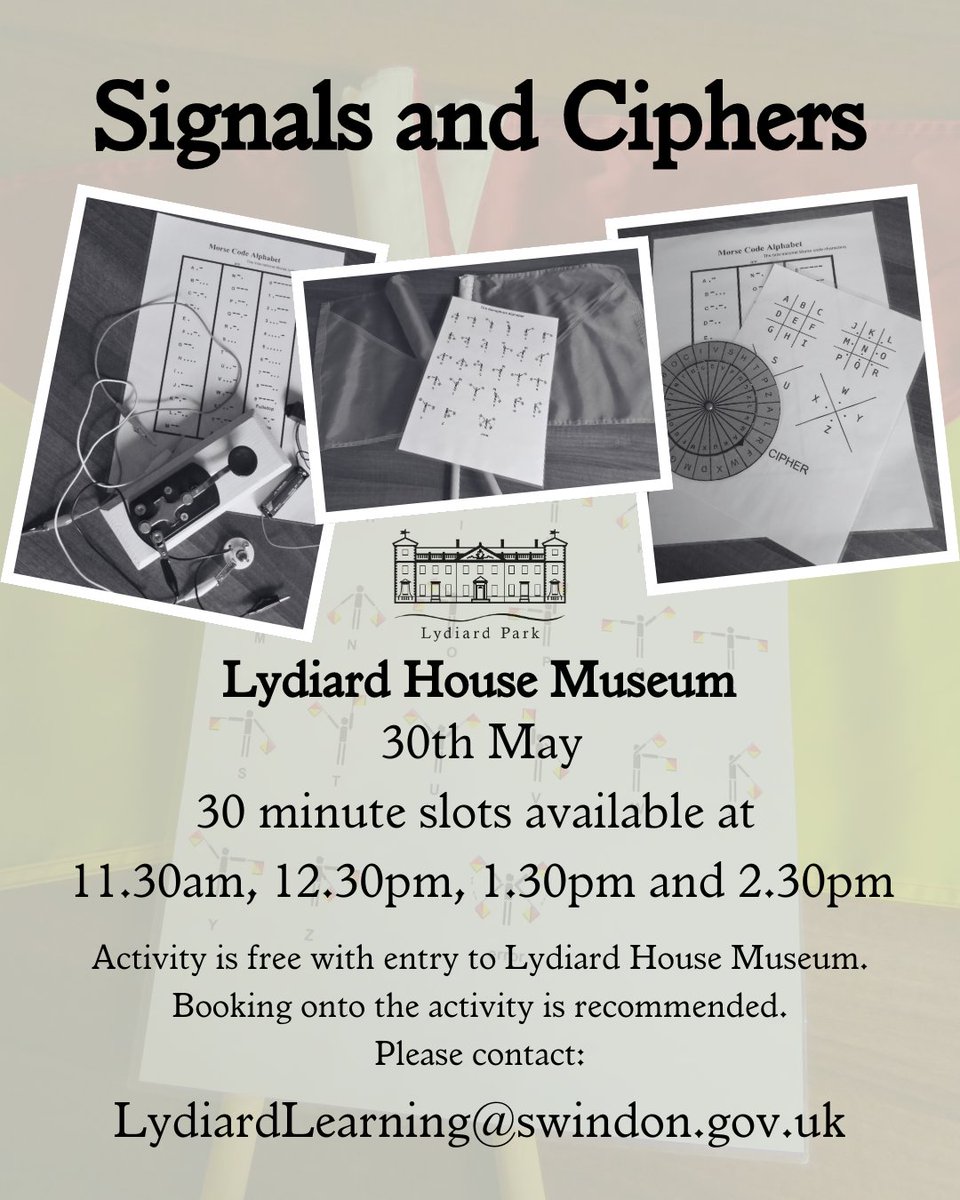 Signals and Ciphers is coming back to Lydiard House Museum during May Half Term! 🔍 Secure your spot by emailing LydiardLearning@swindon.gov.uk. Children must be accompanied by an adult. #mayhalfterm #thingstodoinswindon #familyactivities #halftermactivities #kidsactivities