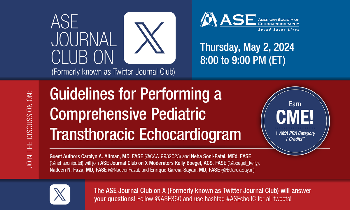 💥Save the date and join us on 05/02 at 8 pm EST for the next #ASEchoJC on the new guideline on pediatric TTE, featuring guest authors @CAA19932023 (Dr. Carolyn Altman) and @nehasonipatel 💥Co-moderated by @boegel_kelly and @NadeenFaza Sign up for CME👉 bit.ly/3Q9ACrE