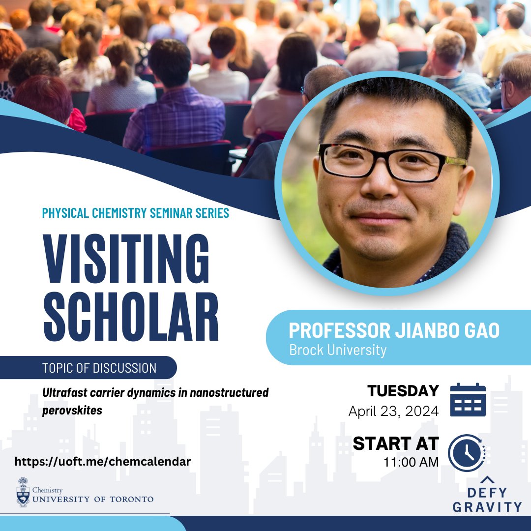 RESCHEDULED! Ultrafast carrier dynamics in nanostructured perovskites: visiting professor Jianbo Gao from Brock University will now speak on Tuesday April 23 at 11:00 AM.  

Details, location, Zoom link and abstract: uoft.me/ChemCalendar