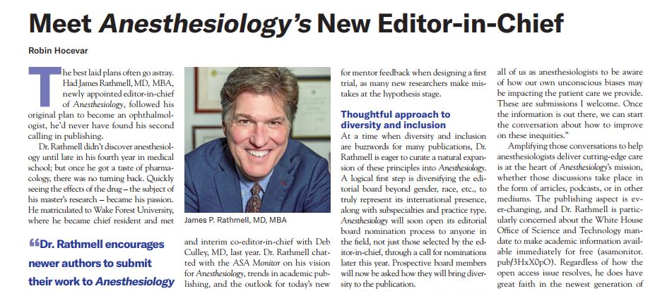 New Editor-in-Chief James Rathmell is committed to improving the author experience, diversity in content, and much more at our sister publication Anesthesiology. ow.ly/izTt50RenAQ @_Anesthesiology #Anesthesiology
