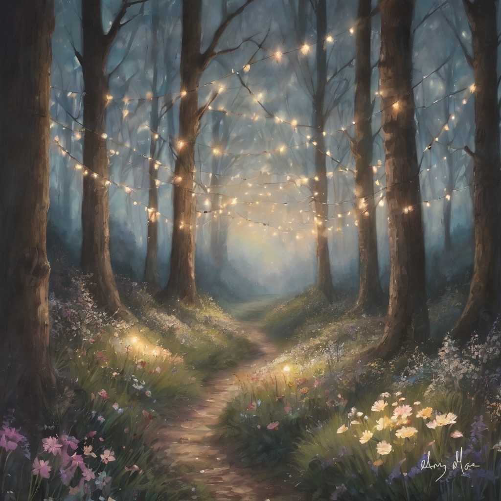 PROMPT: A peaceful evening in a woodland, with fairy lights twinkling overhead and flowers in bloom ✨ Good evening! Feel free to join in and QT your peaceful evening art ✨ #PromptShare