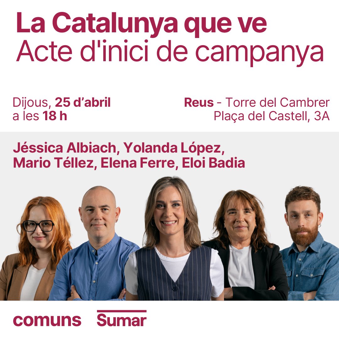 ❗️SAVE THE DATE❗️ Dijous que ve donem el tret d'inici a la campanya del #12M a #Reus amb @jessicaalbiach, @Yolanda_Lofer_, @eloibadia, @elenaferretoldr, @mario_tellez_👏 📅25/04 ⏰ 18h 📍Torre del Cambrer Vine i fem que el 12 de maig guanyi la Catalunya que ve✊
