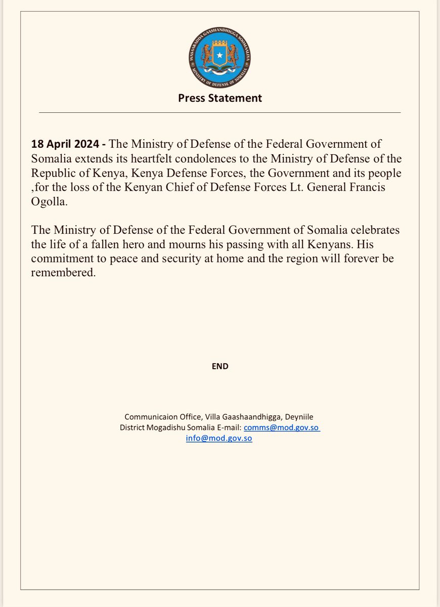 Ministry of Defense extends deepest condolences to the Kenyan Ministry of Defense, Kenya Defense Forces, and the Kenyan people for the loss of Lt. General Francis Ogolla. We honor his remarkable commitment to peace and security.