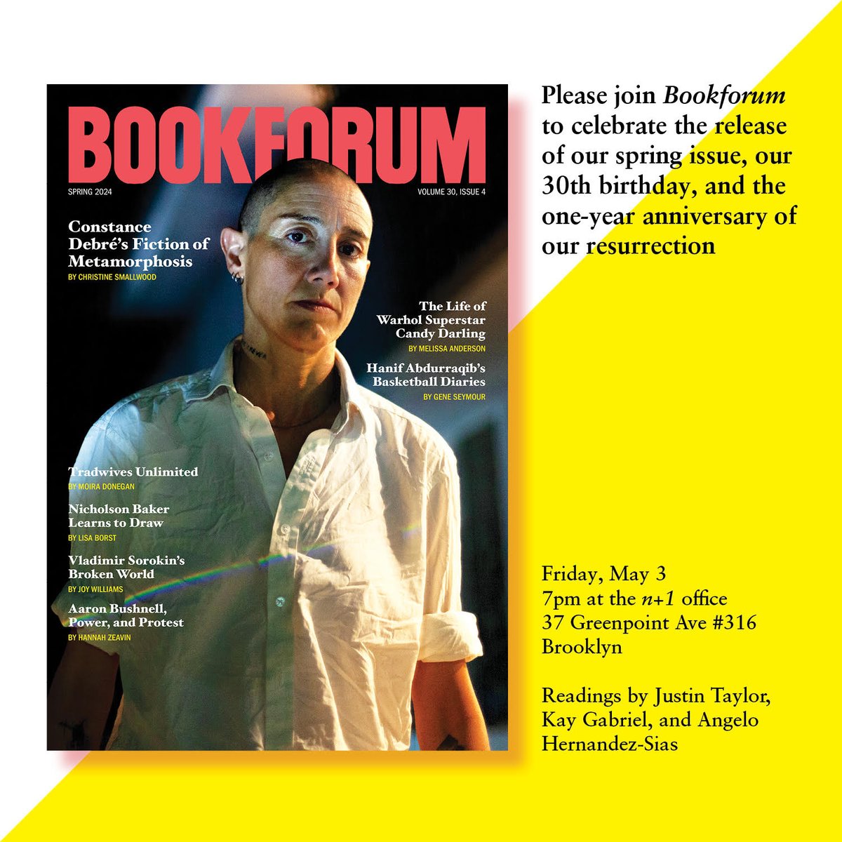 BOOKFORUM PARTY on May 3! Big thanks to our friends at @nplusonemag for hosting. Free to attend, RSVP required: eventbrite.com/e/bookforum-pa…