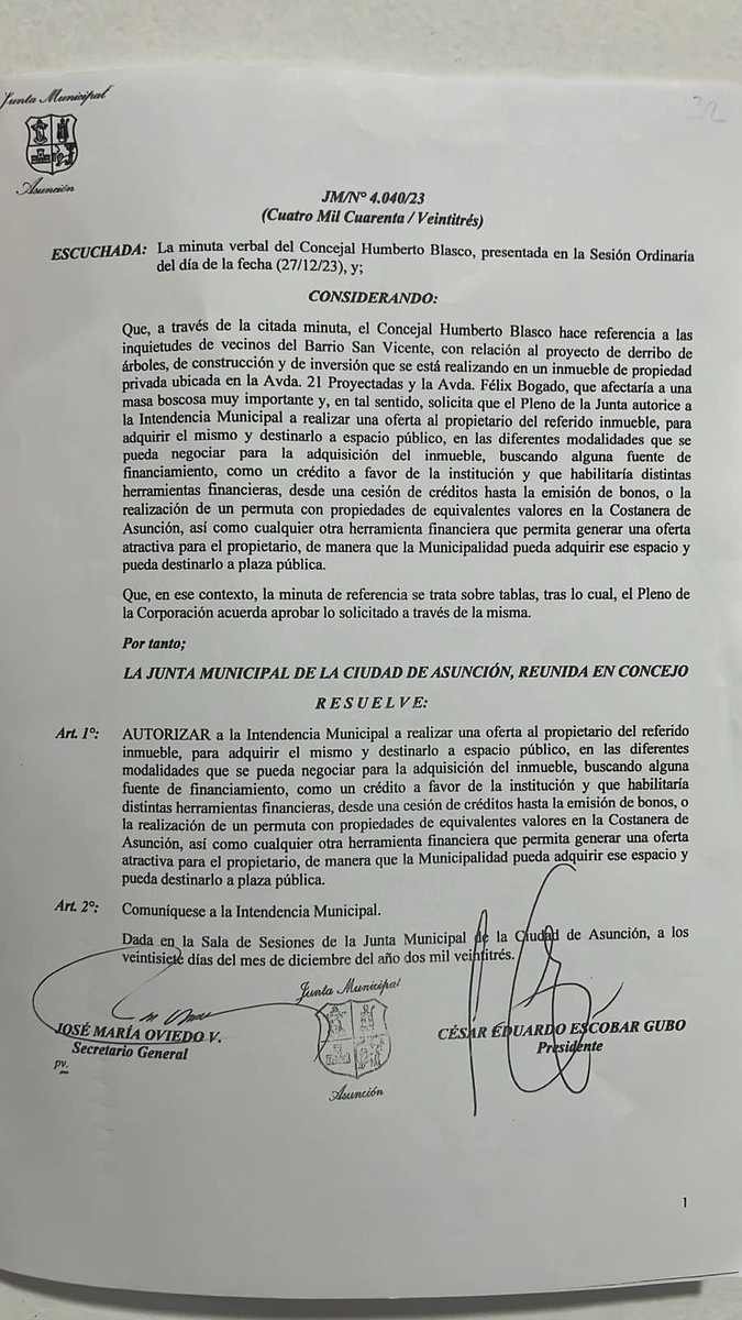 SanViVerde's tweet photo. Por Resolución JM 4040/2023, el pleno de la @juntasuncion YA AUTORIZÓ al Intendente de Asunción @oscarodriguezpy a hacer una oferta a la Caja de Jubilados de la ANDE (propietarios del terreno) para la adquisición del inmueble #BosquedeSanVicente 

¿Qué pasó entonces? https://t.co/W8VcA5dxjJ