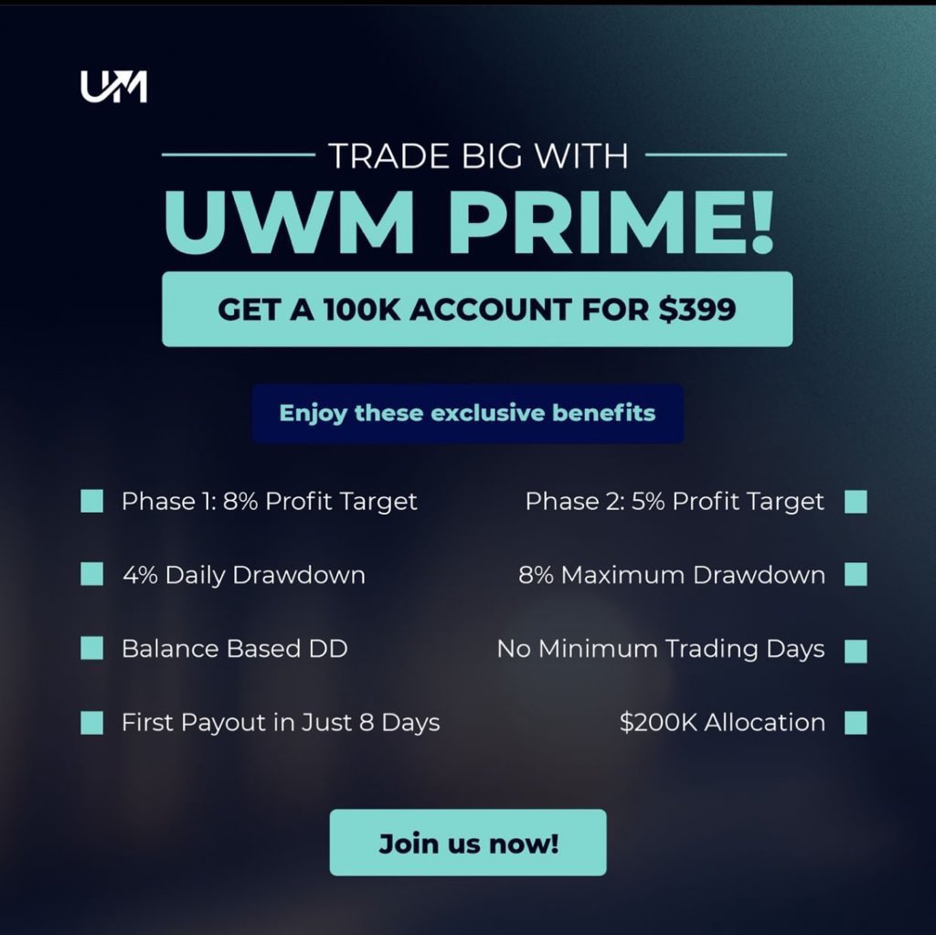 OURFATHER_NG's tweet photo. @UWMTrading will be launching a three step challenge With one of the best trading conditions available in the industry
For now you can enjoy UWM PRIME ACCOUNT
Features ⬇️⬇️
~ Target 8% Profits in Phase 1
~ Target 5% Profits in Phase 2
~ Manage Risk with a 4% Daily and 8% Maximum Drawdown
~ Enjoy Balance-Based Drawdown
~ No Minimum Trading Days
~ Grab First Payout in Just 8 Days
- Indefinite Trading Period ✅
Get your acct via the link below ⬇️
https://t.co/LL4We5HzLI
