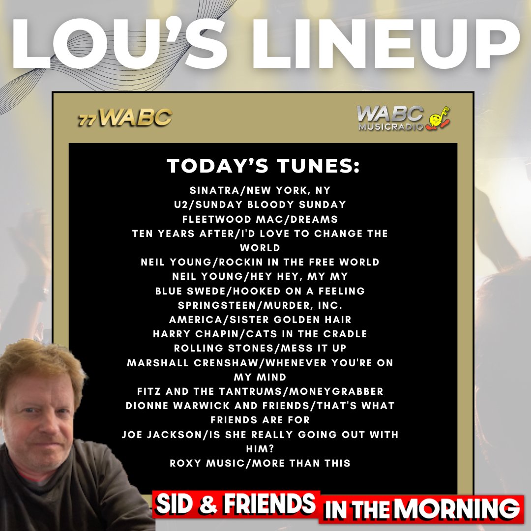 And now... it's time for LOU'S LINEUP! Listen to Sid and Friends In The Morning from 6AM-10AM EST on wabcradio.com or on the 77 WABC app! FULL #THURSDAY PLAYLIST HERE:wabcradio.com/2024/04/18/lou…
