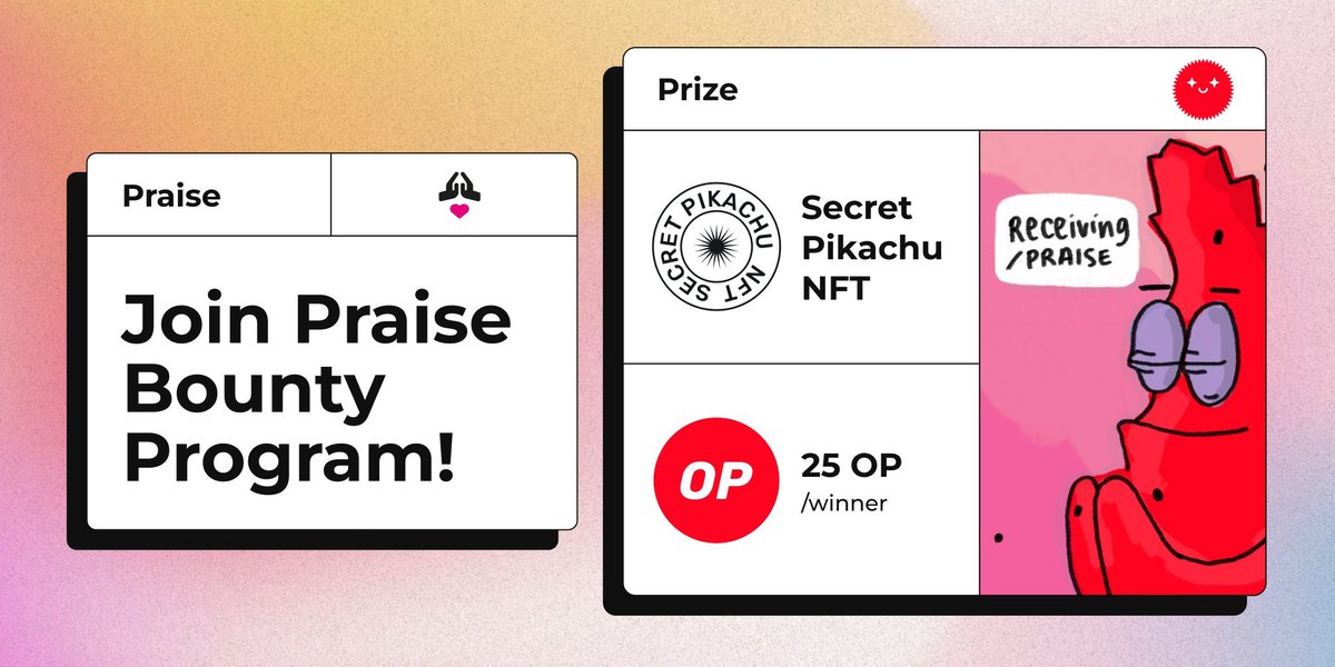 🔴LAST WEEK TO WIN 25 OP & NFT🔴

Join our Praise x @OptimismESP  Bounty Program to create a thread, video, blog, etc. and be eligible to win some prizes!

🚨Deadline: Sunday 21th

🧑‍🎨: @ttyl5h

#feelthelove