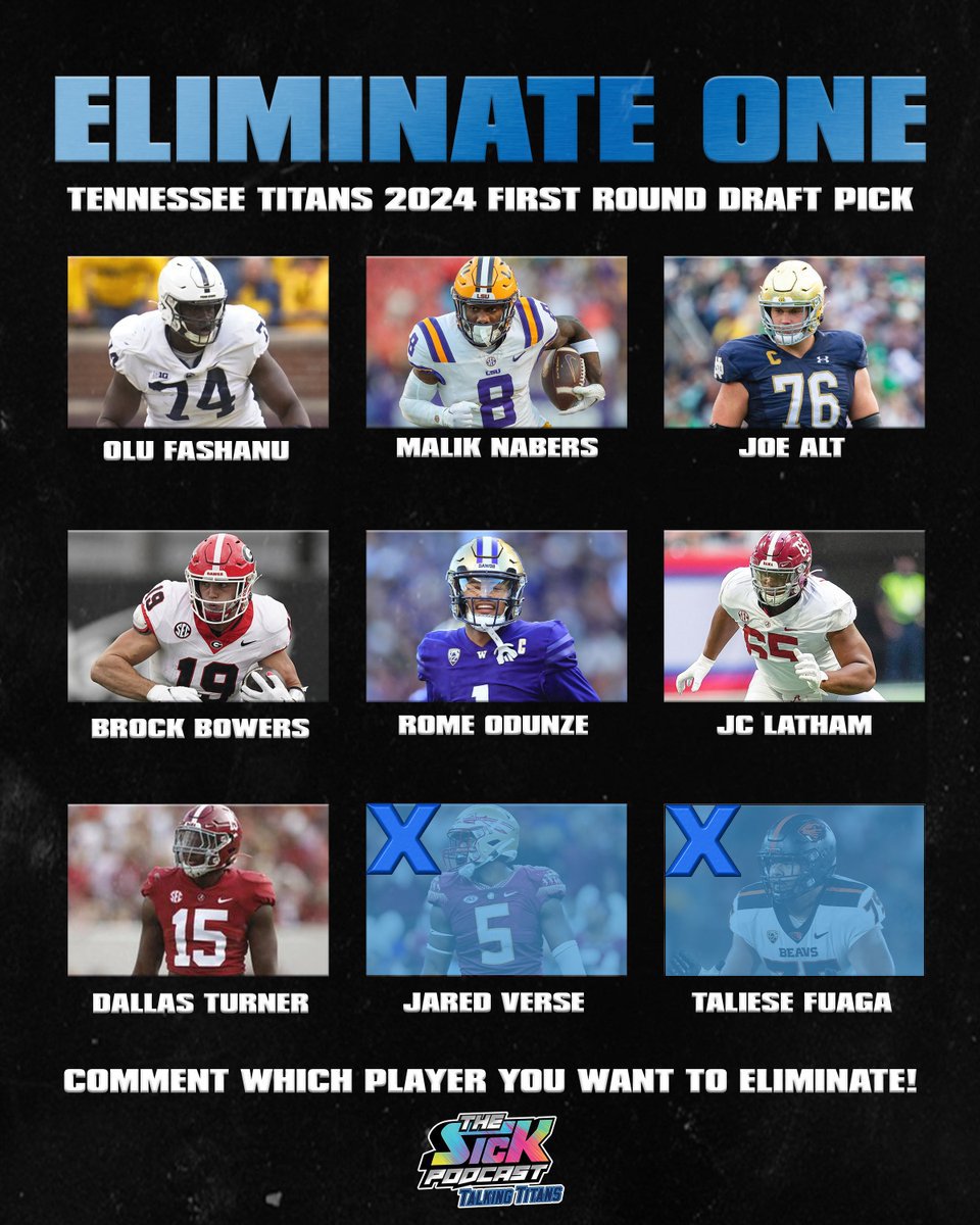 ❌ELIMINATE ONE❌ Round 2 Elimination: Taliese Fuaga Comment which prospect you want to ELIMINATE from being the #Titans first round pick. We will eliminate one candidate every day. The last one standing is the fan's favorite for the Titans 1st round pick. #thesickpodcast