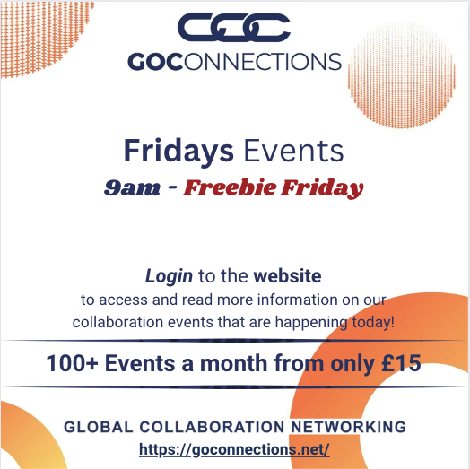 With your Go Connections membership, you will be able to access
our meetings our collaboration partner events too.

(based on UK time zone, visit the website for your time zone)

Join Today - goconnections.net

#GoConnections #BusinessNetworking #OnlineNetworking