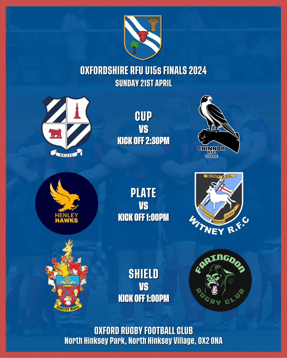 OxfordshireRFU's tweet photo. It’s boys U14/U15 county cup day on Sunday @oxfordrfc. Matches start at 10am. 

Good luck to all the teams involved! https://t.co/13TlXBKfhI
