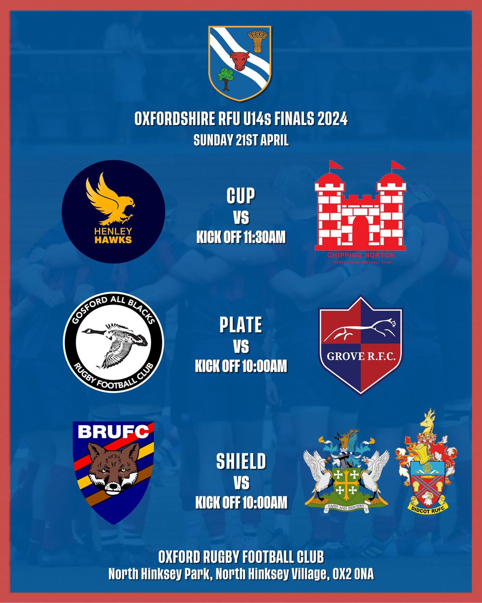 OxfordshireRFU's tweet photo. It’s boys U14/U15 county cup day on Sunday @oxfordrfc. Matches start at 10am. 

Good luck to all the teams involved! https://t.co/13TlXBKfhI