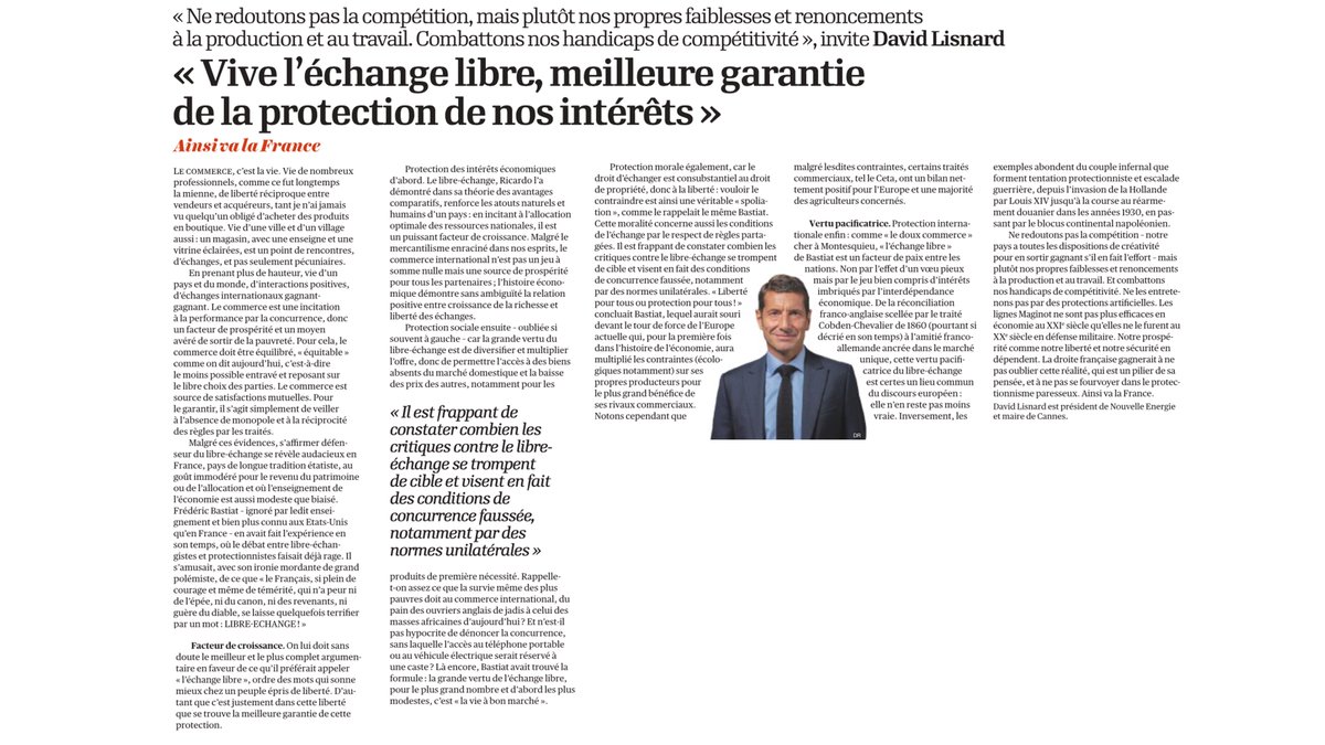 'Le libre-échange est un puissant facteur de croissance. La droite française gagnerait à ne pas se fourvoyer dans le protectionnisme paresseux.' C'était dans L'Opinion mis en ligne hier soir. Excellente tribune à lire de @davidlisnard qui y souligne le bilan positif du CETA.