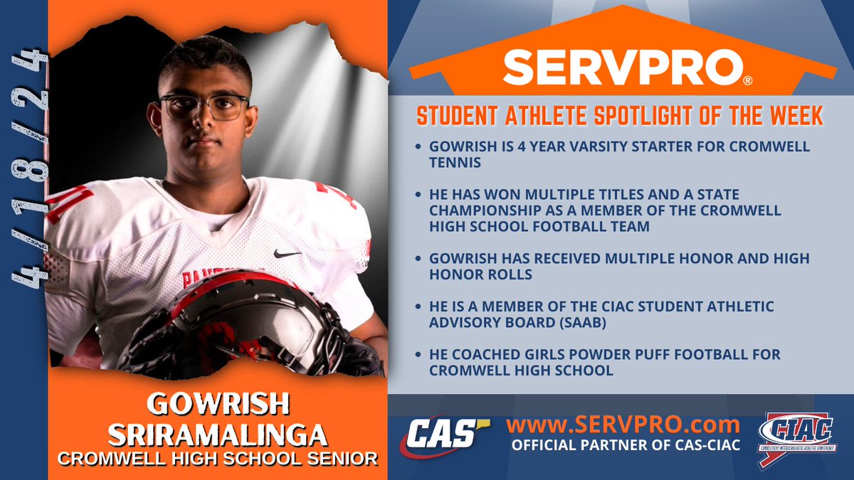 Our SERVPRO Student-Athlete Spotlight features Cromwell's Gowrish Sriramalinga! Gowrish is an honors student and multi-sports athlete at CHS. SERVPRO of Middletown/New Britain is proud of you Gowrish! @servpro @_CHS_Sports_