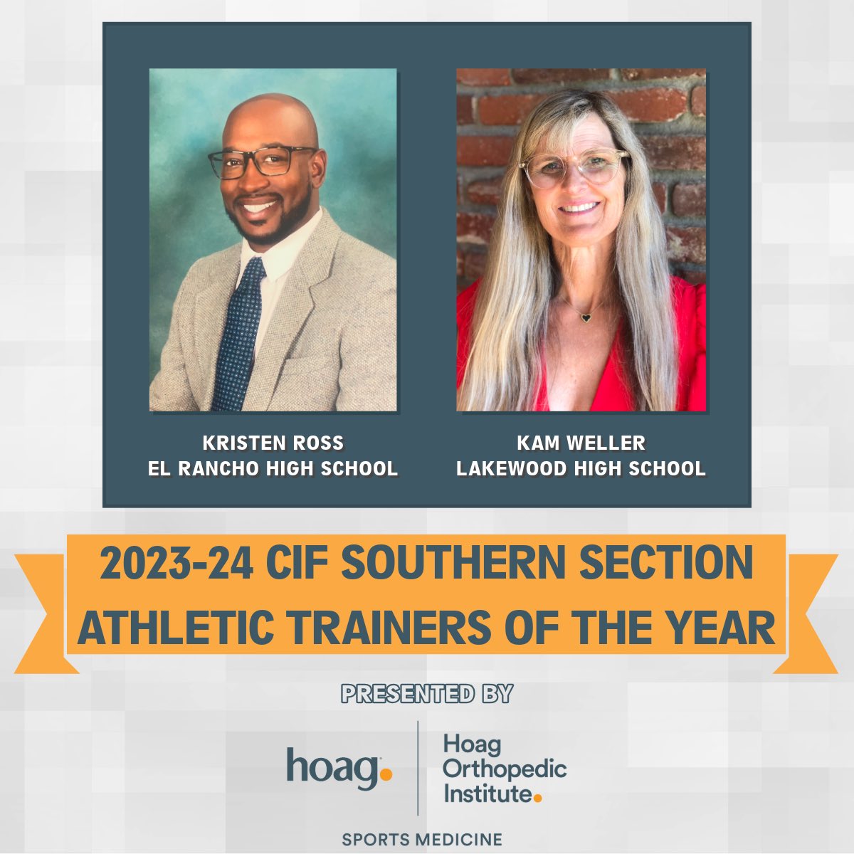 CIFSS's tweet photo. We are so excited to recognize Kristen Ross of @ElRanchoHS and Kam Weller of @Lancers_LBUSD as the CIF-SS Athletic Trainers of the Year presented by @hoaghealth and @hoagorthopedic! Thank you for all you have done to serve your student-athletes and the sports medicine community! https://t.co/KfiJz8qAHi