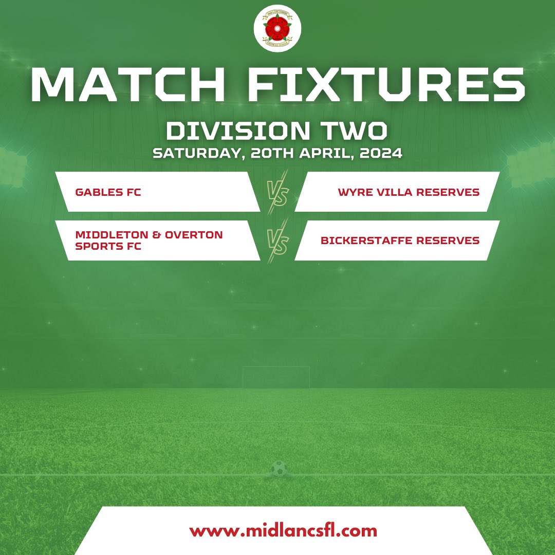 Division Two action this weekend: - @GablesFc, on a hot streak, face @wyrevillafc Reserves. - @MOSportsFC and @BickerstaffeAFC aim to bounce back from recent defeats. #MidLancsFL #NoRefNoGame #RespectTheRef