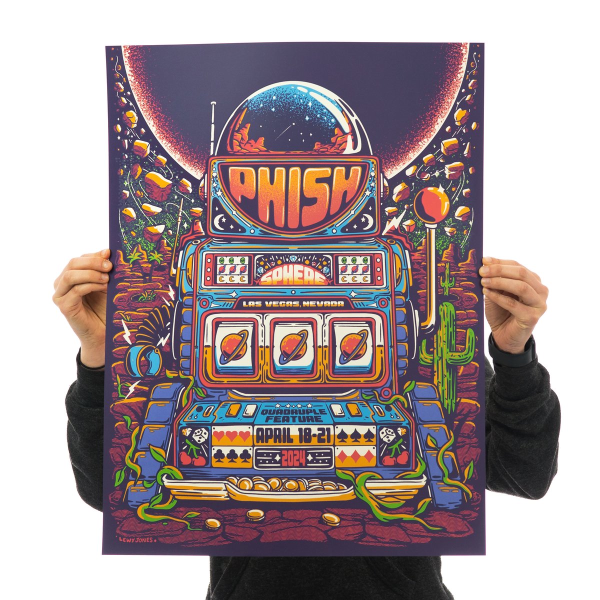 phishdrygoods's tweet image. Our second LE poster is by Lewy Jones. Main Edition of 1,300. 6-color screenprint. Both are 18"x24". There will be a very limited "scratch-off" foil variant with an edition of 600. You have the option of keeping the scratch-off layer on your foil posters for all eternity, or....