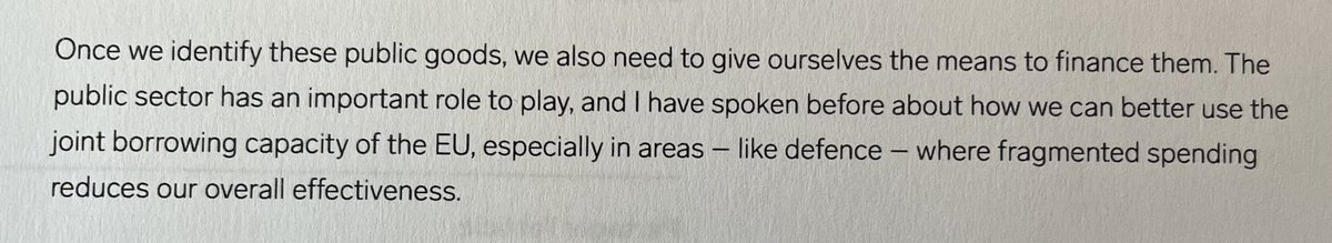 Mario Draghi right (see quote below): #EU needs to identify its key strategic priorities ('public goods') & use joint means to finance them by using EU's 'joint borrowing capacity.' But #EU27 avoid discussion about trade-offs between different policy priorities. #EUCO