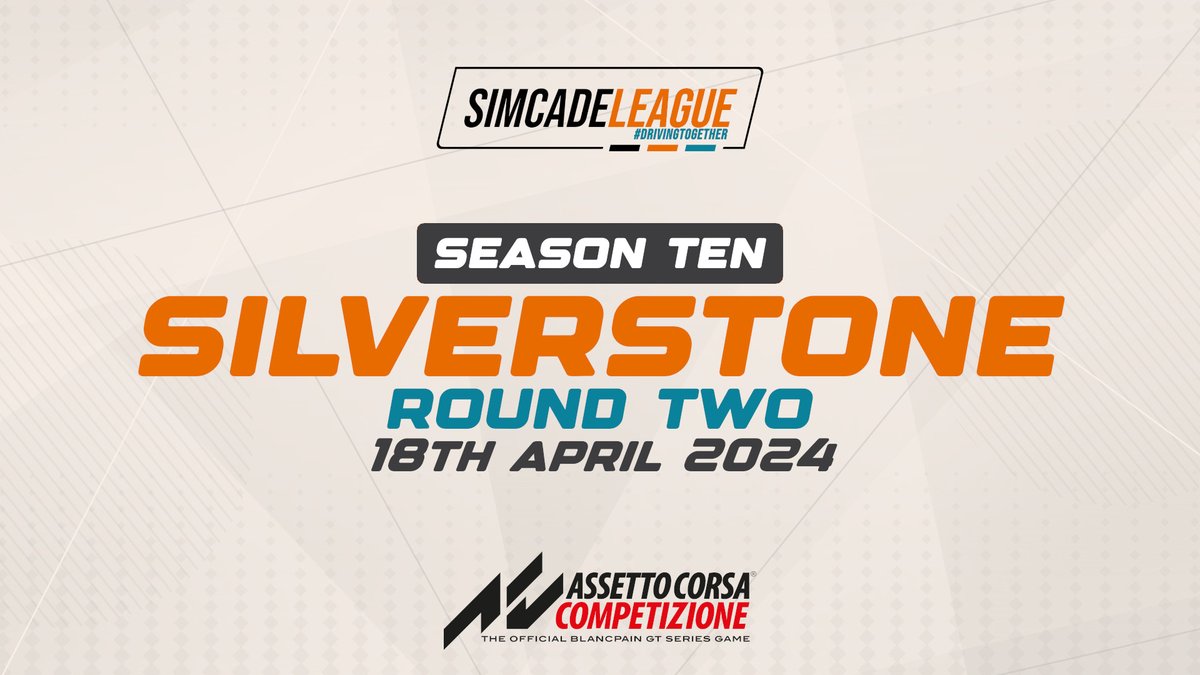 Season Ten continues on <a href="/AC_assettocorsa/">Assetto Corsa</a> 

Round Two heads to Silverstone, come watch POV of the race at twitch.tv/simcadeleague

Racing begins at 7.15pmUK

#DrivingTogether #assettocorsacompetizione