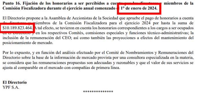 hernanletcher's tweet photo. ¿La casta "tiene miedo"?
A principios de abril se reunió el Directorio de YPF, designado por Milei. ¡Propuso AUMENTARSE EL SUELDO A 77 MILLONES DE PESOS!

El cálculo es sencillo: son 11 directores y pretenden disponer de $10 mil millones de pesos para sus honorarios. Si querés leerlo distinto: son $71,3 millones más aguinaldo.
Mirá: