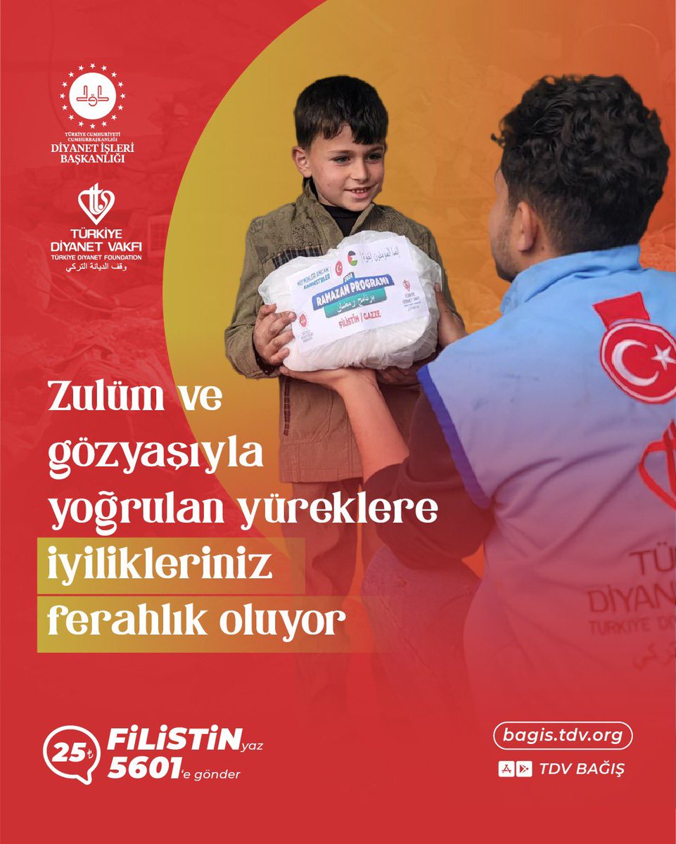 Zulüm ve gözyaşıyla yoğrulan yüreklere iyilikleriniz ferahlık oluyor #ÖzgürFilistininYanındayız FİLİSTİN yazıp 5601’e SMS göndererek 25 TL destekte bulunabilir ya da bagis.tdv.org adresinden online bağış yapabilirsiniz.