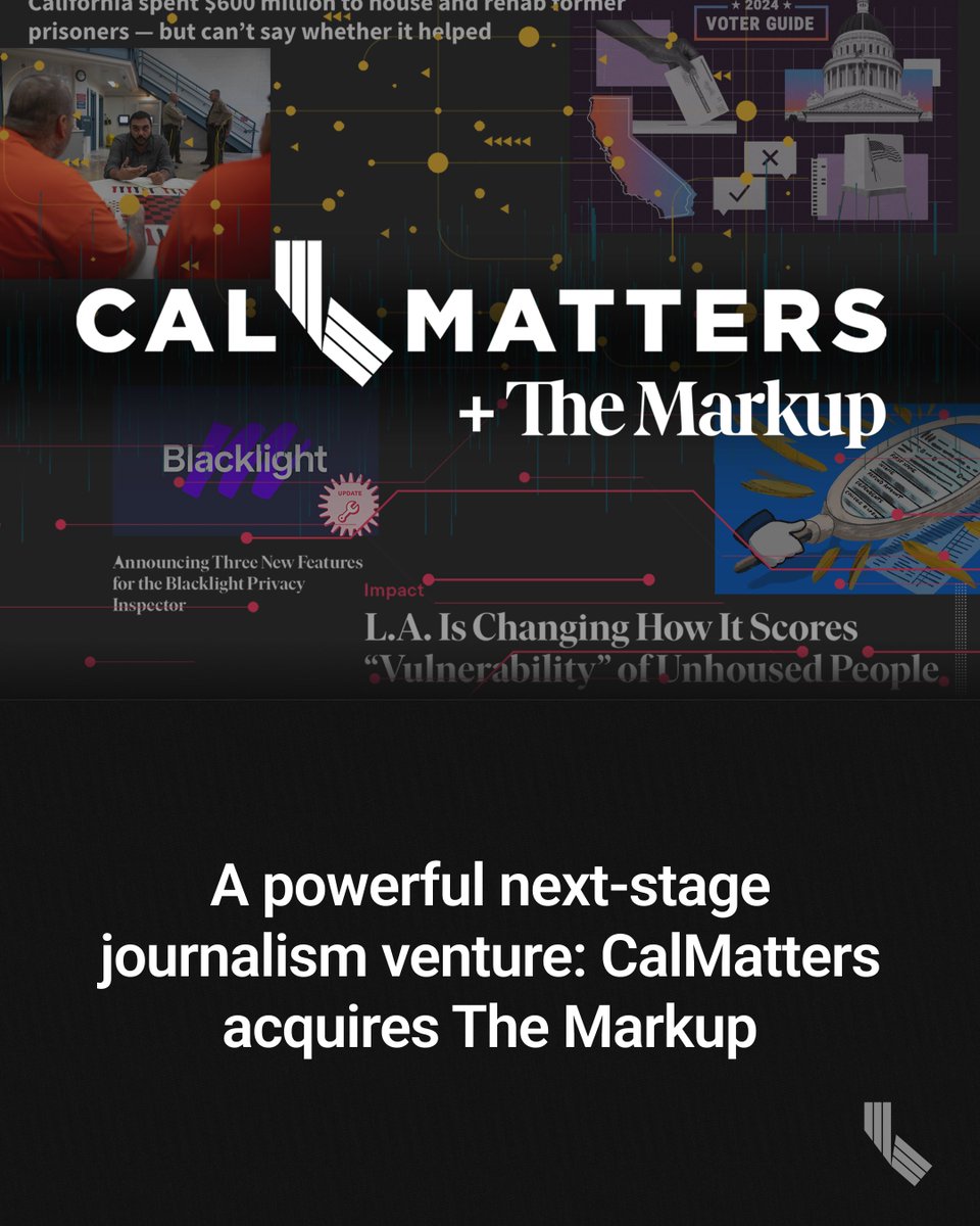 CalMatters announces the acquisition of @themarkup, a nonprofit newsroom that specializes in covering technology and its impact on our lives. cal.news/3W5acLl 1/3