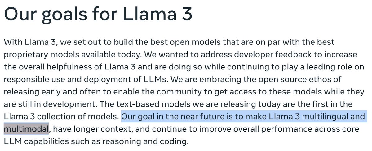 With the release of @Meta Llama3, we're entering an era where most of the major models: GPT-4-turbo, Claude, and now Llama3 are multimodal by default.
