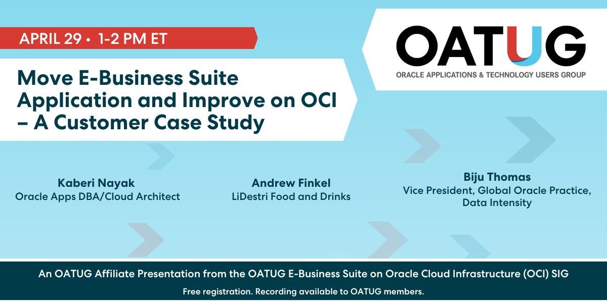 New from the EBS on OCI SIG: Move E-Business Suite Application and Improve on OCI - A Customer Case Study, April 29 at 1 pm ET.  Register today to hear how LeDestri Food and Drink migrated their core EBS instance to OCI. 
ow.ly/zjRU50Ref1U #OracleEBS #EBSonOCI