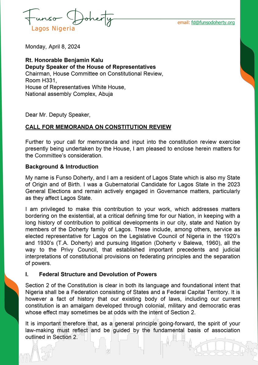 funsodoherty's tweet photo. I responded to the call for memoranda by the Constitution Review Committee of the House of Representatives. Here is Part 1 of the submission. Full text can be found here: https://t.co/DYzzTBTVyY https://t.co/KXaDmfTKH2