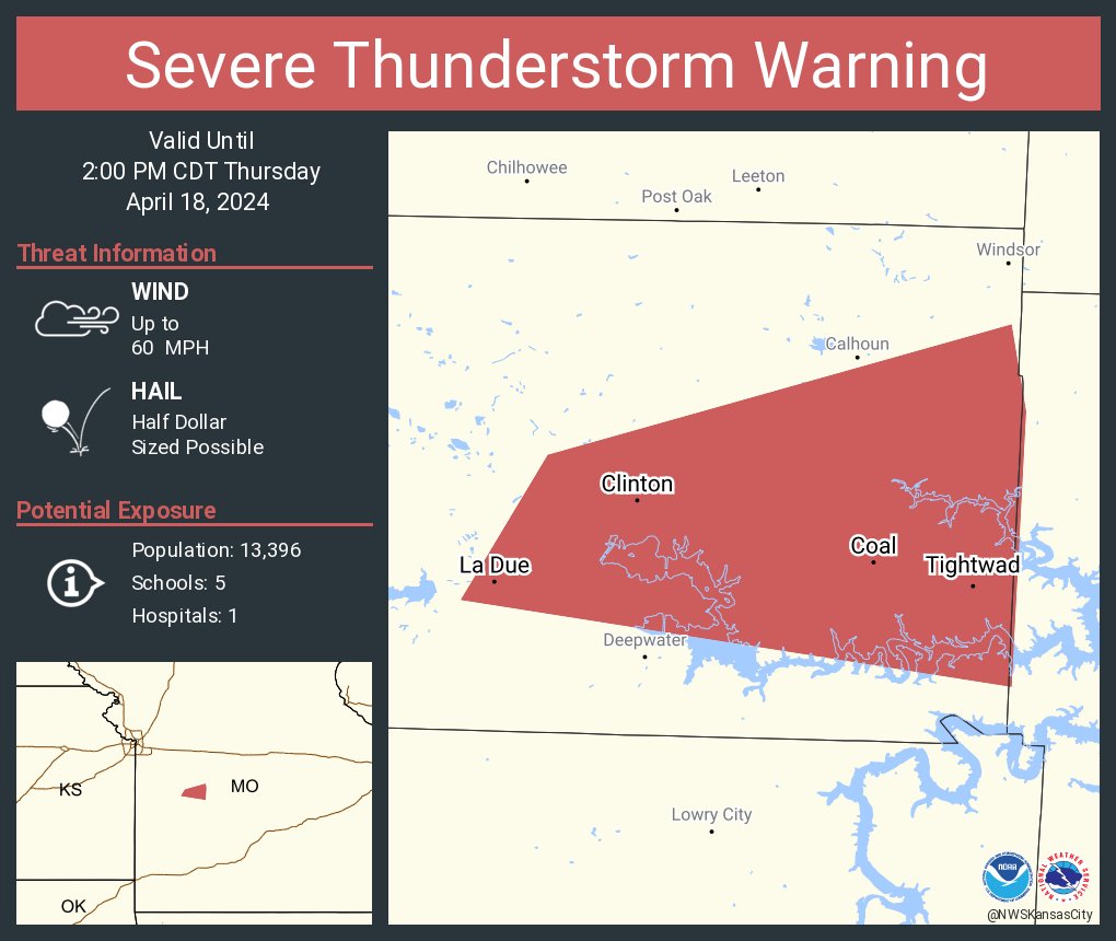 Severe Thunderstorm Warning including Clinton MO, Tightwad MO and La Due MO until 2:00 PM CDT