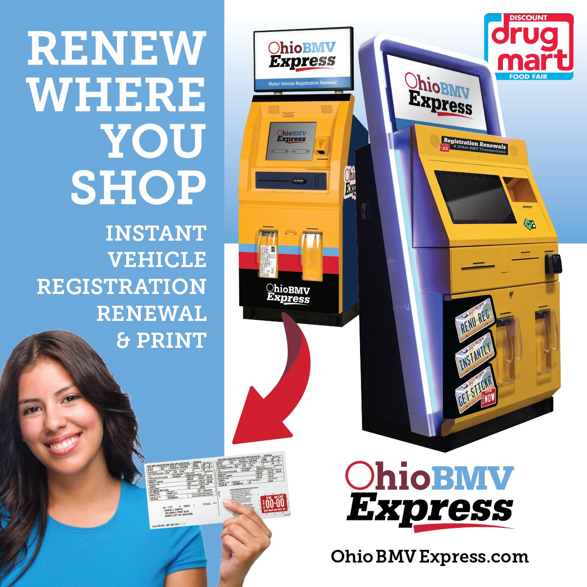 🚗 Renew your vehicle tags hassle-free! BMV Kiosks at Discount Drug Mart in Lakewood (15412 Detroit Ave.) & Cleveland (4170 Fulton Rd.) got you! Swing by, renew & print on the spot! Goodbye long lines, hello convenience! Kiosk Details: bit.ly/3T1mQHU #BMV #DDM #Ohio