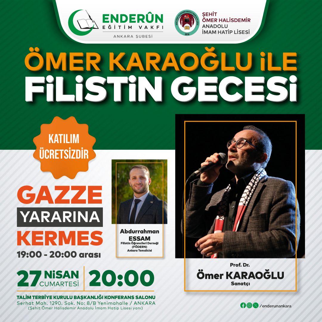 enderunankara's tweet photo. Ömer KARAOĞLU ile FİLİSTİN GECESİ'ne Davet... 🇹🇷🇵🇸
Kıymetli sanatçımız Prof.Dr. Ömer KARAOĞLU'nun eskimeyen ezgileriyle, 
FÖDERN Ankara Temsilcisi Sayın Abdurrahman ESSAM'ın katılımlarıyla gerçekleşecek olan programımıza tüm halkımızı davet ediyoruz...
@omer_karaoglu https://t.co/4fjtpFu9fb