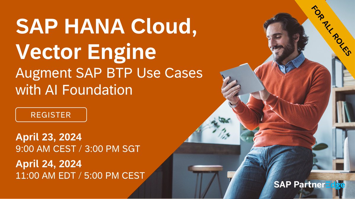 #SAPPartners, harness the power of SAP HANA Cloud vector engine. Leverage its capabilities to enhance your generative AI solutions with specific business contexts. Understand RAG, vectors & embeddings, and create intelligent solutions on #SAPBTP. Register: imsap.co/6013b3nj9