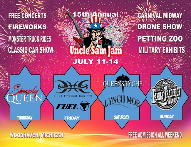 NEW DATE!  The 15th Annual Uncle Sam Jam in Woodhaven, Michigan July 11-14!! Queensryche headline Saturday July 13th - this is a FREE CONCERT!! For more info, head over to: unclesamjamfest.com
#Queensryche #freeshow #freeconcert