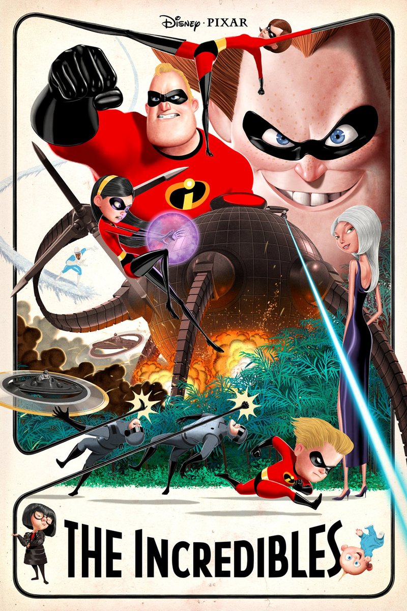 Tomorrow at 12pm ET @BottleneckNYC officially licensed poster for The Incredibles. 4 versions! Celebrating it's 20th anniversary and also my talk at @PosterHouseNYC which is also tomorrow at 6:30pm and is free so if you're in NYC come see me and some vintage posters at the museum