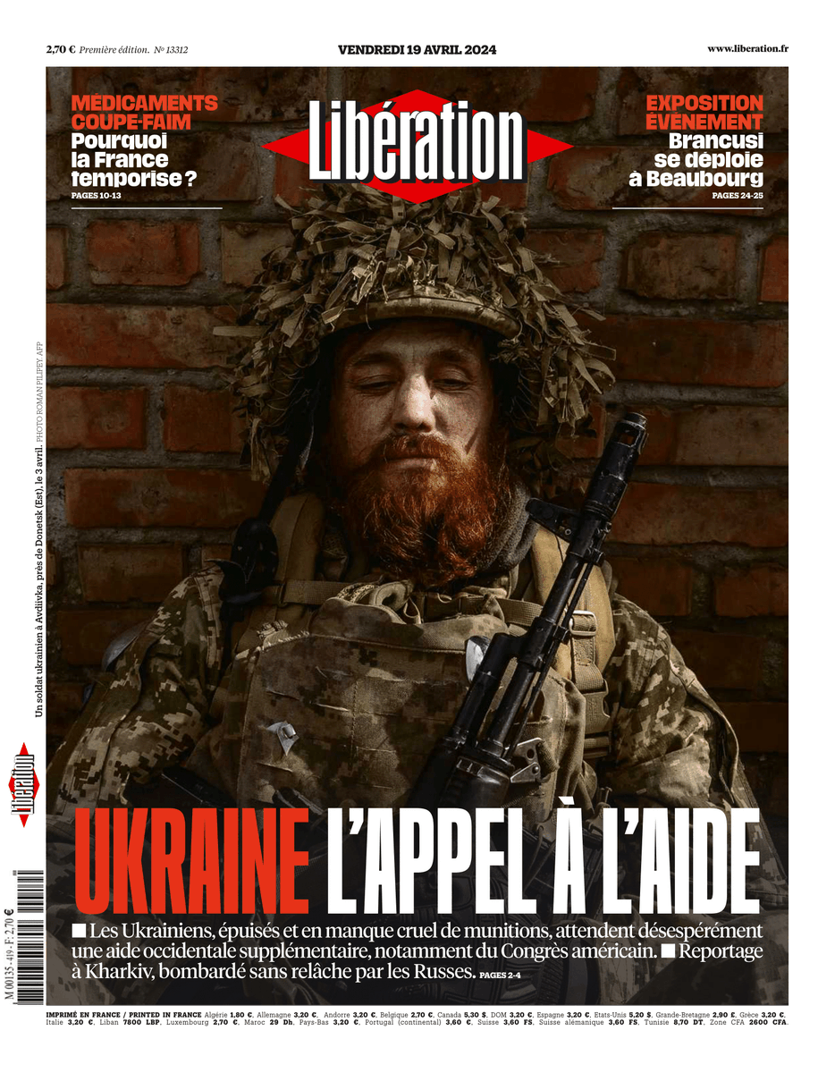 Ukraine : l'appel à l'aide. C'est la une de @libe vendredi. Les Ukrainiens, épuisés et en manque cruel de munitions, attendent désespérément une aide occidentale supplémentaire, notamment du Congrès américain.