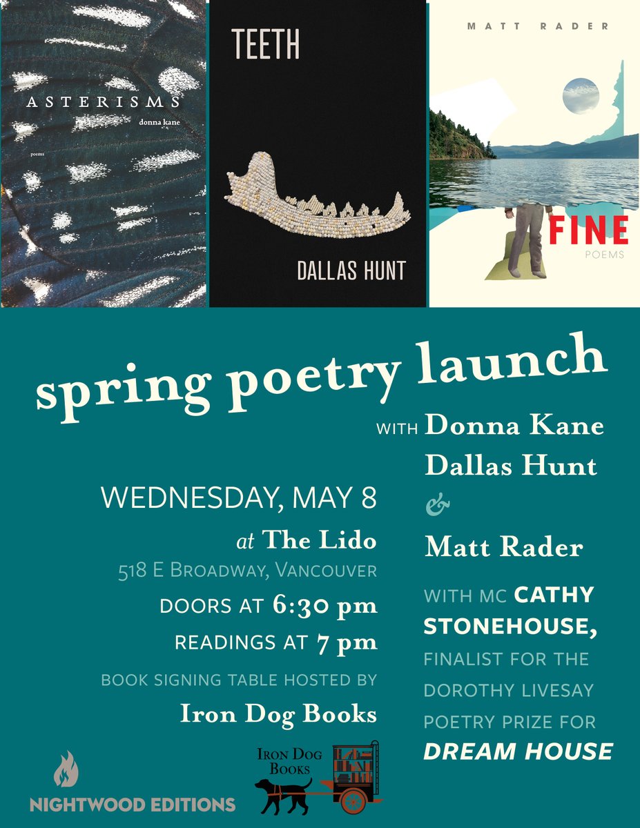 Vancouver friends! Don't miss this collective poetry launch for Donna Kane, Matt Rader, and Dallas Hunt at The Lido on May 8th! Cathy Stonehouse, shortlisted for the 2024 Dorothy Livesay Poetry Prize for DREAM HOUSE, will be our MC!