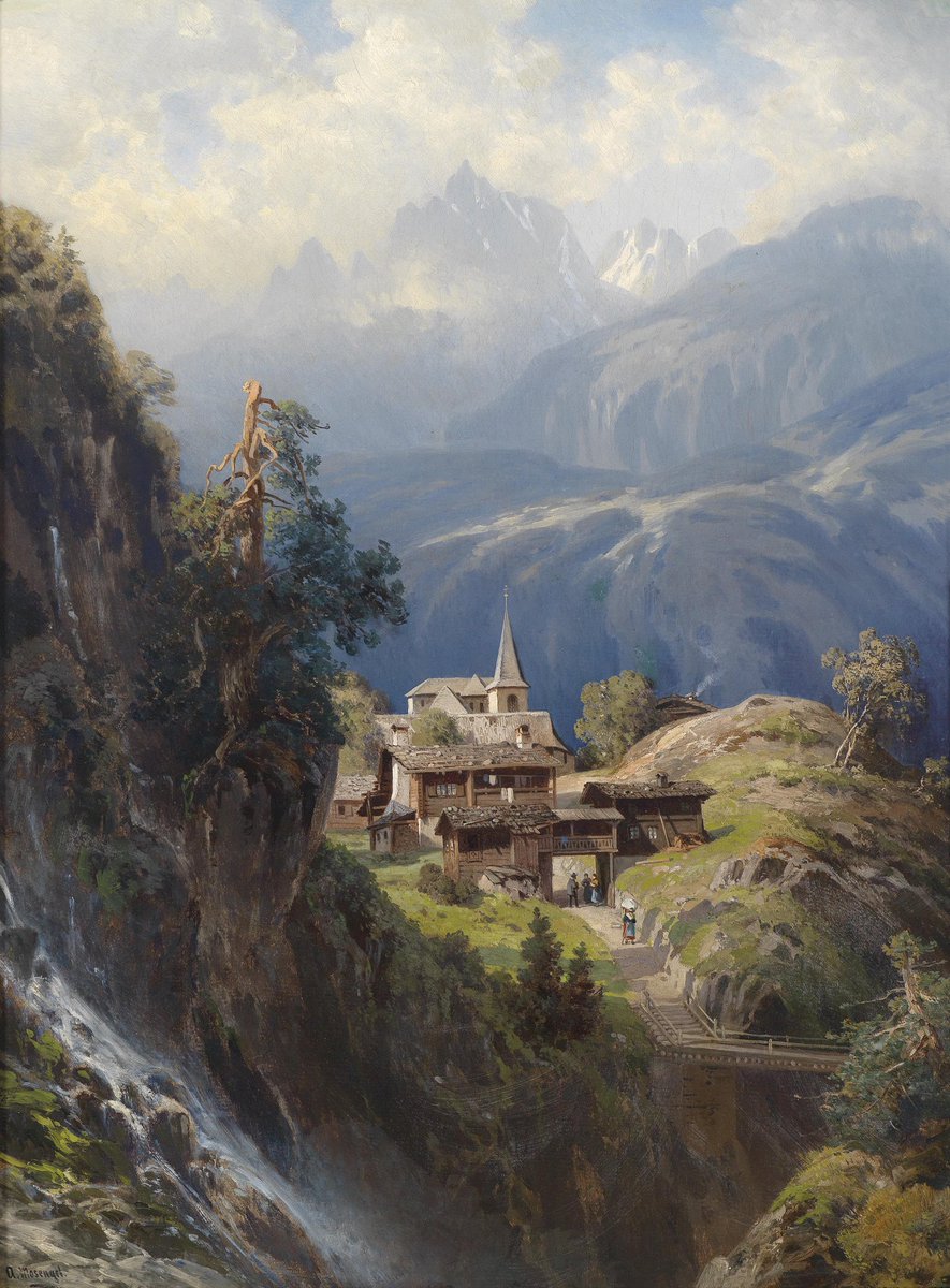 #HistoryofPainting Adolf Mosengel (1 January 1837 – 12 June 1885) was a landscape painter from Hamburg, Germany. He initially built a reputation painting Alpine scenes, and later turned to scenes from Westphalia. 'Village in the Bernese Alps', 1885 Private Collection