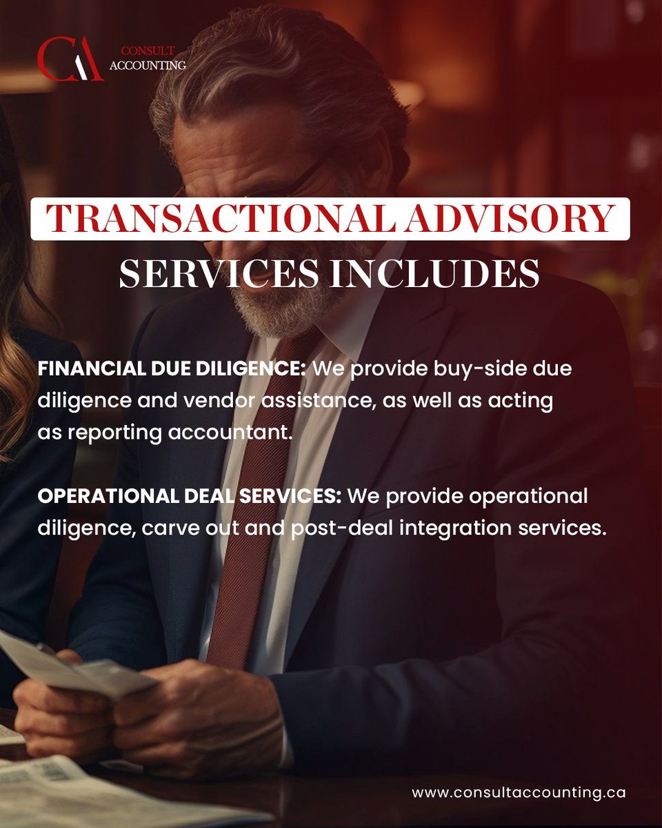 Thinking about a business acquisition or merger?  Feeling a little lost in the transaction jargon?  No worries!  Consult Accounting's here to shed light on Transaction Advisory Services

Call Now: +1 289-444-0472 
.
.
#TaxExpertGuidance #AccountingStrategies #BookkeepingBenefits