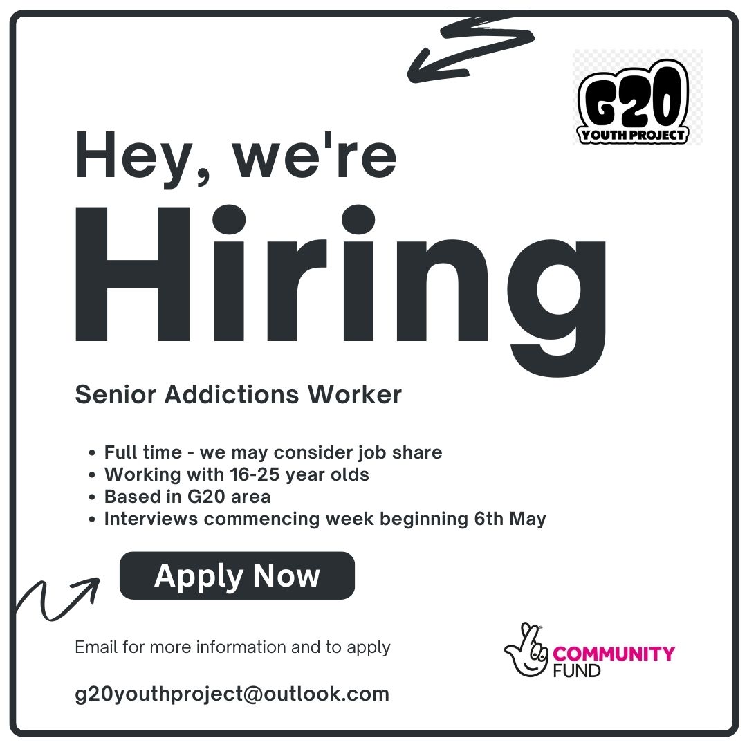 We're looking for a special person to join our amazing G20 team in Maryhill The post is for a Senior Addictions Worker for young people. Deadline for applications is 5th May at 12pm Come and make a positive difference in G20 👇