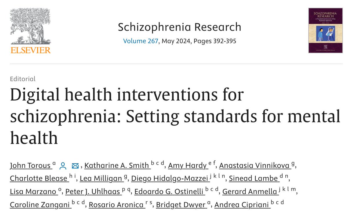 Blending perspectives of service users, clinicians, researchers, funders, and more - this editorial highlights how innovation in digital health for #schizophrenia offers leading examples of rigor, patient/public involvement, and clinical integration: sciencedirect.com/science/articl…