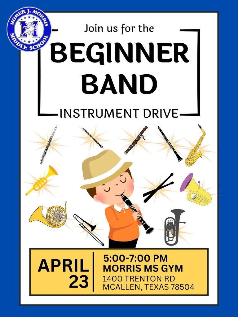 On April 23, Morris Band will be hosting an instrument drive! Come try out for the instrument you'd like to play in 6th grade!