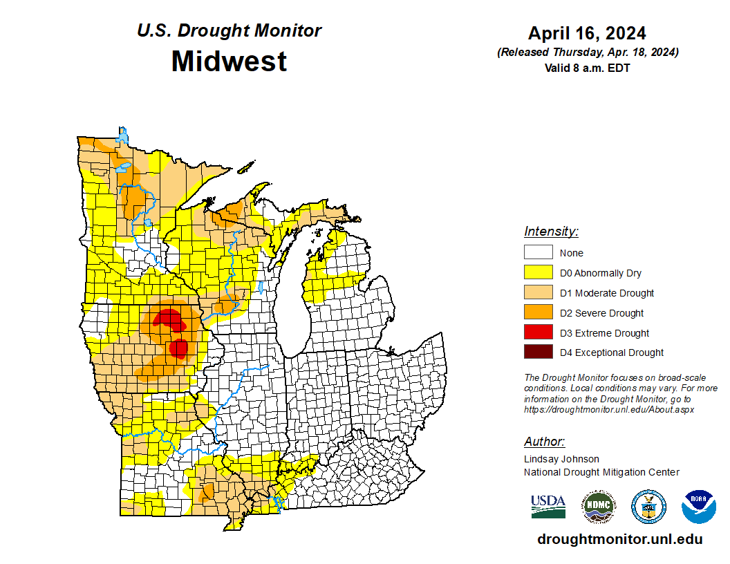 ▶️ Parts of the Midwest received rain, bringing improvements to Missouri, Illinois, Indiana, and the Kentucky border. Western Missouri missed out on precipitation, further degrading already dry conditions (similar to Kansas and Oklahoma). bit.ly/USDM041624 #DroughtMonitor