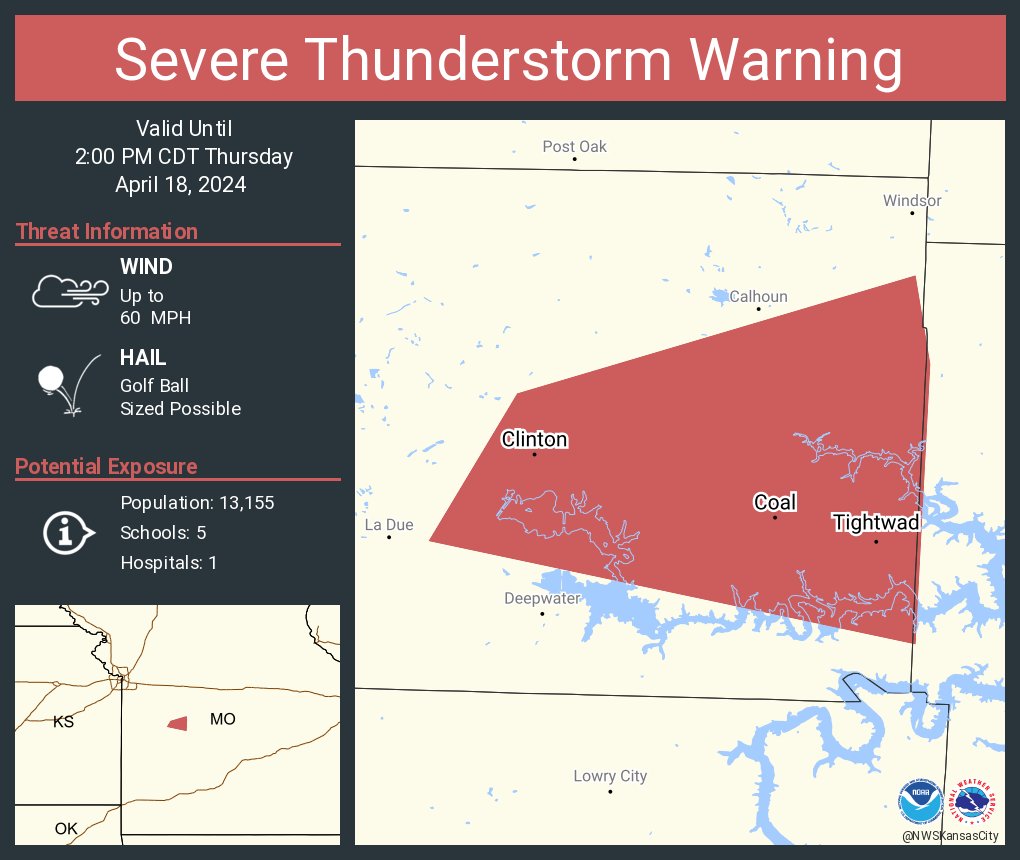 Severe Thunderstorm Warning continues for Clinton MO, Tightwad MO and Coal MO until 2:00 PM CDT. This storm will contain golf ball sized hail!