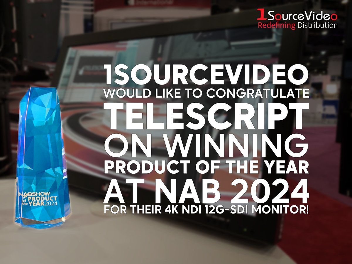 Congratulations once again to @Telescript for winning Product of the Year at NAB 2024!

#1SourceVideo #distribution #RedefiningDistribution #filmmaking #videoproduction #liveproduction #NAB #NAB2024 #LasVegas #TelescriptInternational #teleprompters #Monitor #productoftheyear