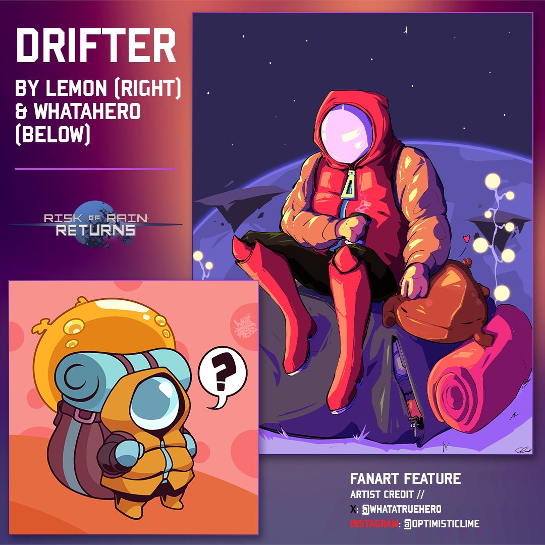 Glide into the weekend with a double dose of Drifter. Shout out to Discord members lemon and @WhatATrueHero for these pieces. Share your own art in Discord or on Reddit and it could be featured in the future! 🔸reddit.com/r/riskofrain/ 🔹discord.gg/riskofrain2