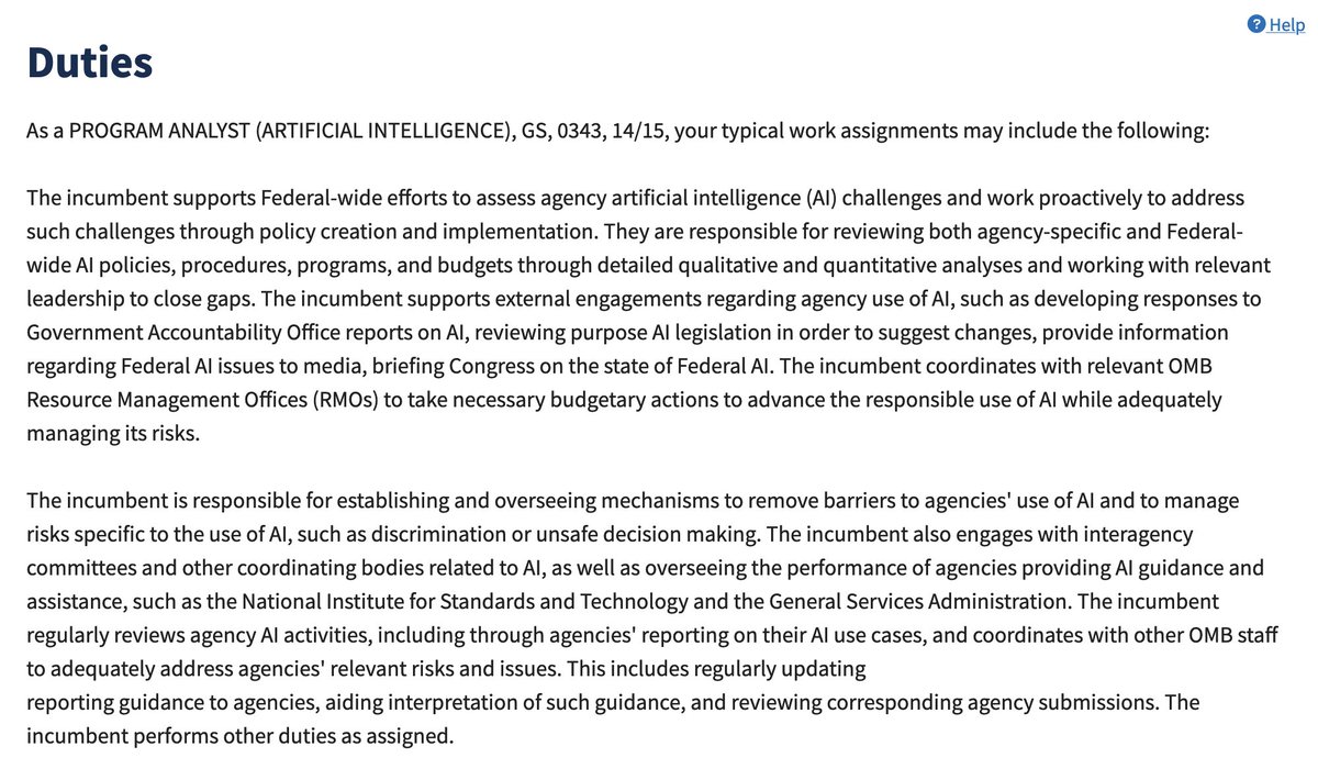 A really fantastic job opportunity at OMB just opened up today — this person would be central to the White House's oversight of federal agencies' use of AI: usajobs.gov/job/786286500