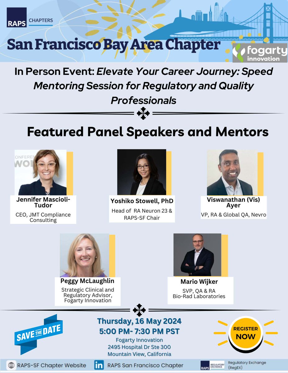 What do you need to know about #regulatory and #quality? Join FI & @RAPSsfChapter on Thursday, May 16 at 5pm for speed mentoring with top pros. This event is open to the public - register now: lnkd.in/gijNmYUs Member $15 | Nonmember $25 | Students $10 #medtech #education